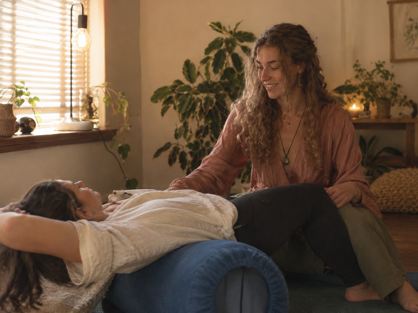 Anna-Lena supporting a client during an embodied session in a warm room